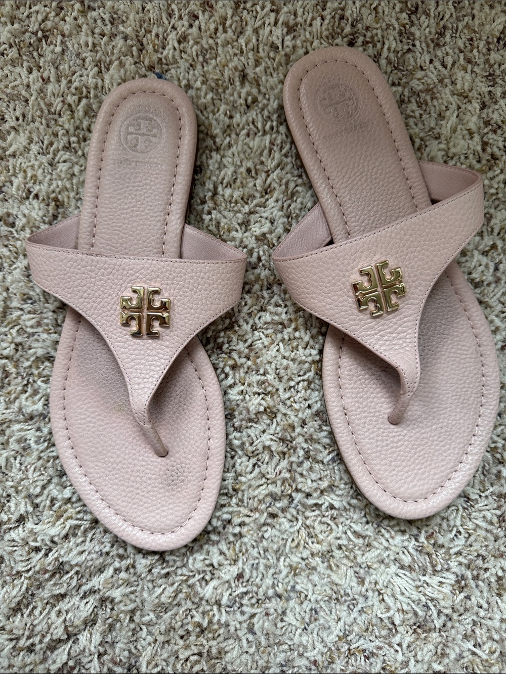 Tory Burch Pale Pink Leather Thong Sandals with Gold Logo